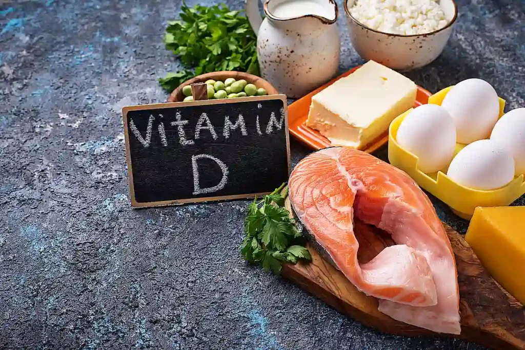 Stůl a potraviny obsahující vitamín D