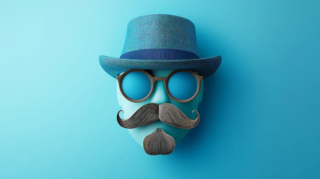 PSA prevence. Grafická ilustrace hlavy s modrým kloboukem, brýlemi a výrazným knírem na světle modrém pozadí – symbol mužské prevence a Movember