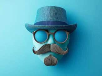 Grafická ilustrace hlavy s modrým kloboukem, brýlemi a výrazným knírem na světle modrém pozadí – symbol mužské prevence a Movember