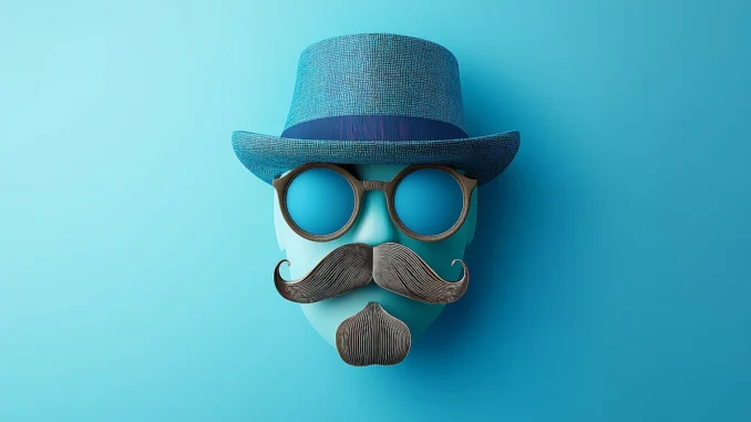 Grafická ilustrace hlavy s modrým kloboukem, brýlemi a výrazným knírem na světle modrém pozadí – symbol mužské prevence a Movember